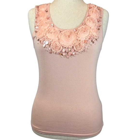 Ruby Rd. Tops - Rosette Pearl Embellished Sleeveless Tank Top Petite Large Blush Pink Coquette